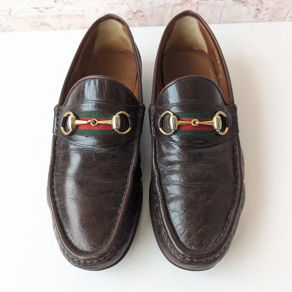Gucci Brown Leather Slip-On Loafers with Gold Buckle