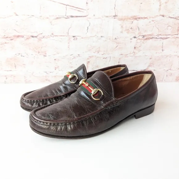 Gucci Brown Leather Slip-On Loafers with Gold Buckle