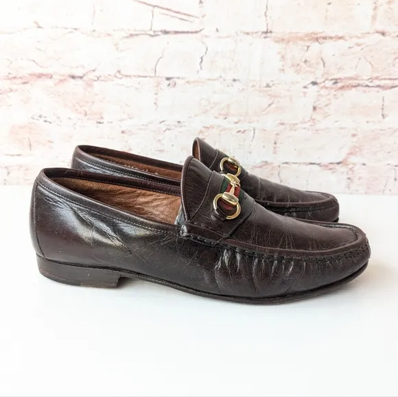 Gucci Brown Leather Slip-On Loafers with Gold Buckle