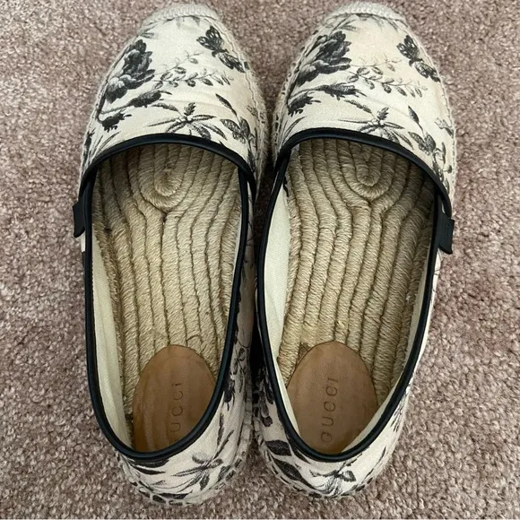 Gucci Floral Canvas Leather Trim Espadrilles Slip On Size 40