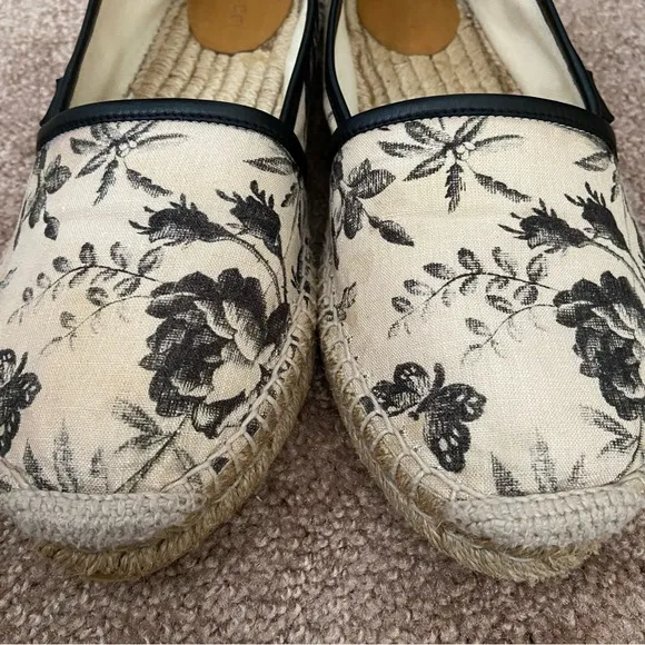 Gucci Floral Canvas Leather Trim Espadrilles Slip On Size 40