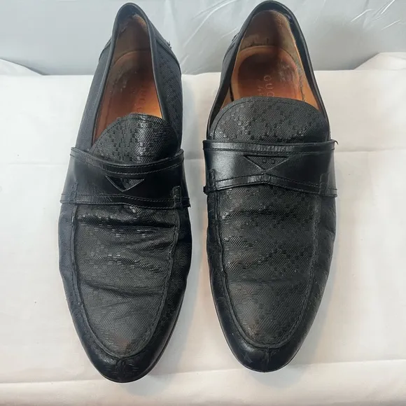 GUCCI Hilary Lux Black Diamond Penny Loafers Leather Men Size 10.5 Made In Italy
