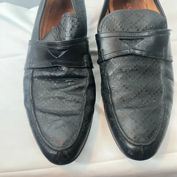 GUCCI Hilary Lux Black Diamond Penny Loafers Leather Men Size 10.5 Made In Italy