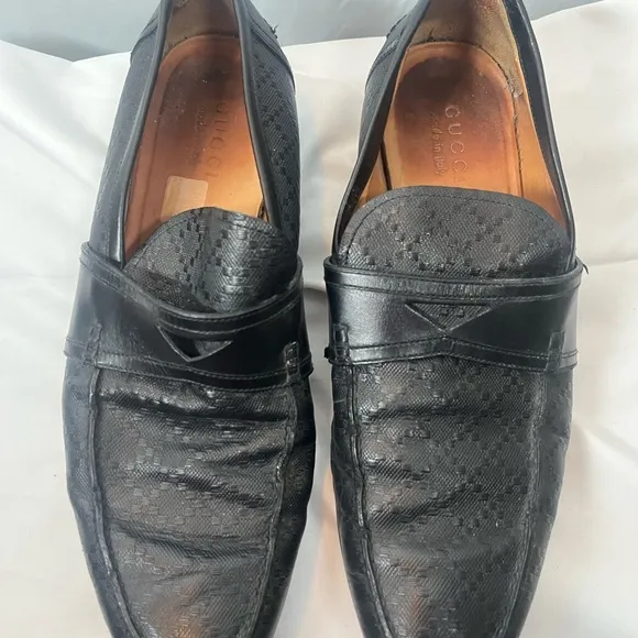 GUCCI Hilary Lux Black Diamond Penny Loafers Leather Men Size 10.5 Made In Italy