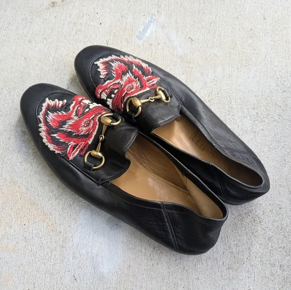 Gucci Horsebit Loafers Black Leather Red Wolf Men 7.5 Snaffle