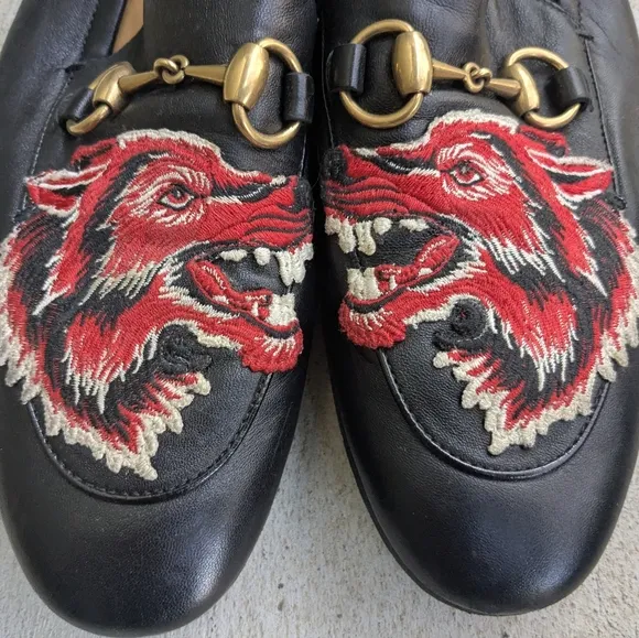 Gucci Horsebit Loafers Black Leather Red Wolf Men 7.5 Snaffle