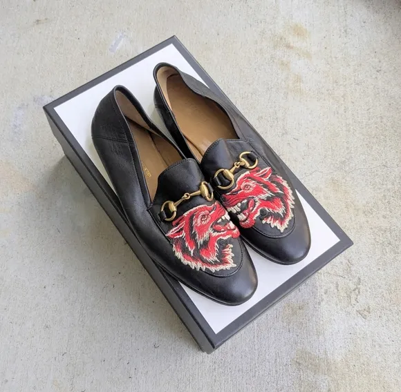 Gucci Horsebit Loafers Black Leather Red Wolf Men 7.5 Snaffle