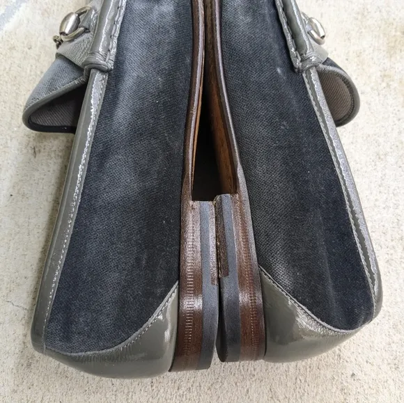 Gucci Horsebit Loafers Gray Velvet Patent Leather Men 9.5