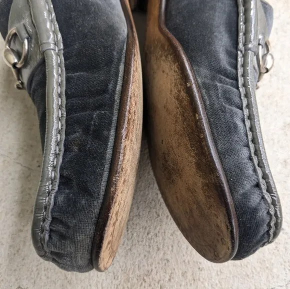Gucci Horsebit Loafers Gray Velvet Patent Leather Men 9.5