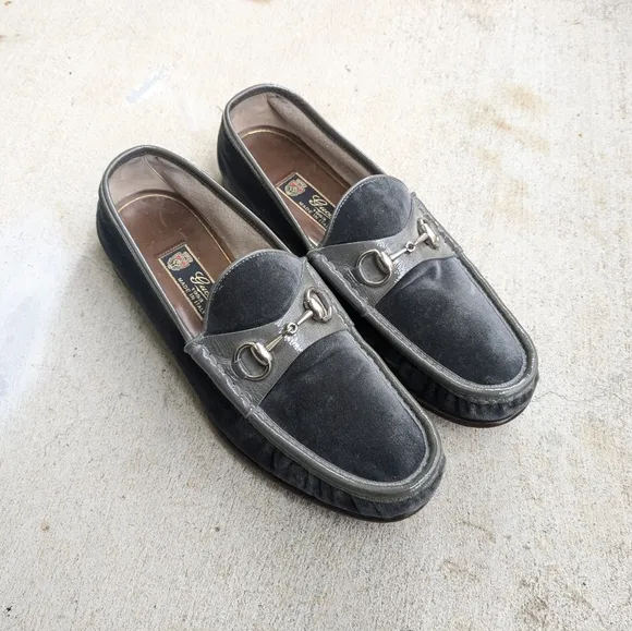 Gucci Horsebit Loafers Gray Velvet Patent Leather Men 9.5