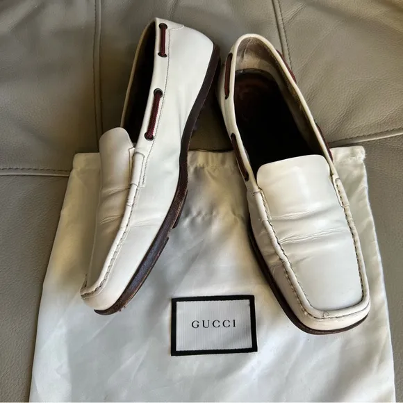 Gucci Leather Loafers Sz 7 B White Square Toe