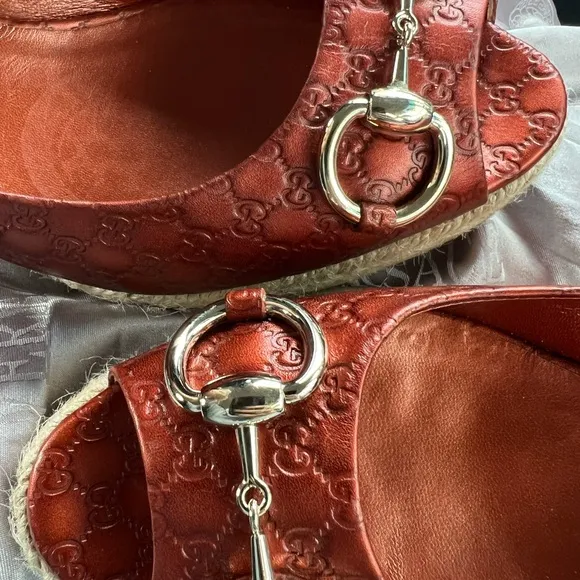 GUCCI Metallic Copper Horsebit Peep Toe Espadrilles Size 39