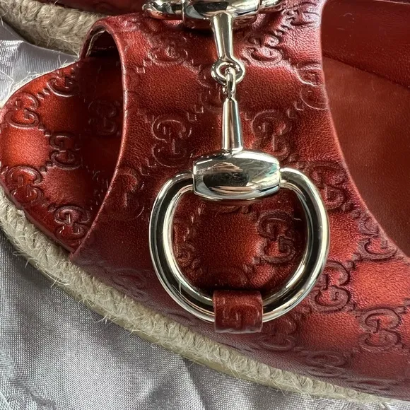 GUCCI Metallic Copper Horsebit Peep Toe Espadrilles Size 39