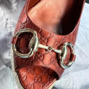 GUCCI Metallic Copper Horsebit Peep Toe Espadrilles Size 39