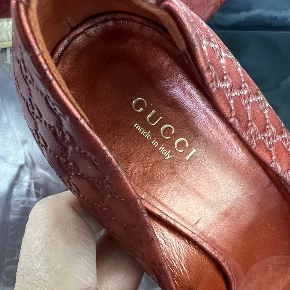 GUCCI Metallic Copper Horsebit Peep Toe Espadrilles Size 39