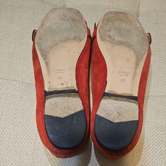 Gucci Red &amp; Gold Marmont Suede Fringe Loafers