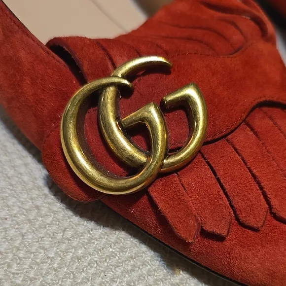 Gucci Red &amp; Gold Marmont Suede Fringe Loafers
