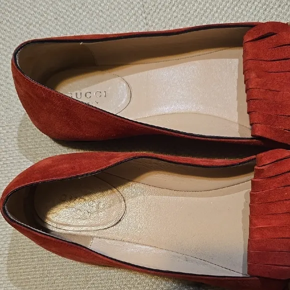 Gucci Red &amp; Gold Marmont Suede Fringe Loafers