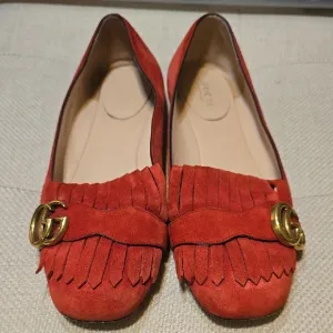 Gucci Red &amp; Gold Marmont Suede Fringe Loafers