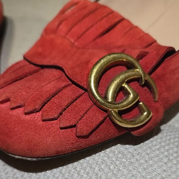 Gucci Red &amp; Gold Marmont Suede Fringe Loafers