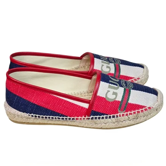 Gucci Sylvie Logo Espadrilles Red Blue Canvas Leather EU 40.5 US 10