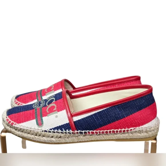 Gucci Sylvie Logo Espadrilles Red Blue Canvas Leather EU 40.5 US 10