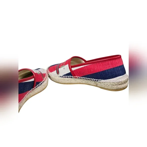 Gucci Sylvie Logo Espadrilles Red Blue Canvas Leather EU 40.5 US 10