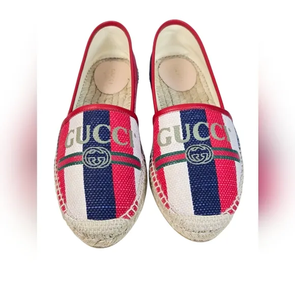 Gucci Sylvie Logo Espadrilles Red Blue Canvas Leather EU 40.5 US 10