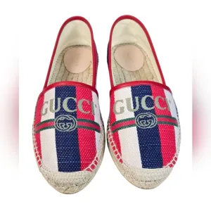 Gucci Sylvie Logo Espadrilles Red Blue Canvas Leather EU 40.5 US 10