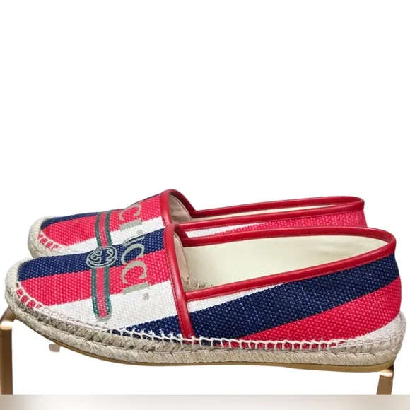 Gucci Sylvie Logo Espadrilles Red Blue Canvas Leather EU 40.5 US 10