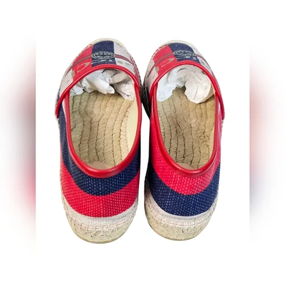 Gucci Sylvie Logo Espadrilles Red Blue Canvas Leather EU 40.5 US 10