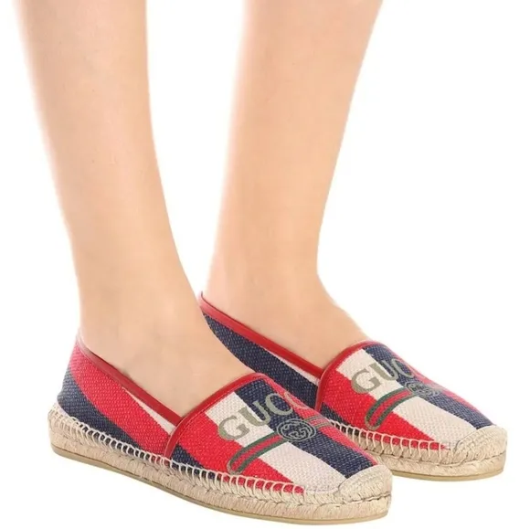 Gucci Sylvie Logo Espadrilles Red Blue Canvas Leather EU 40.5 US 10
