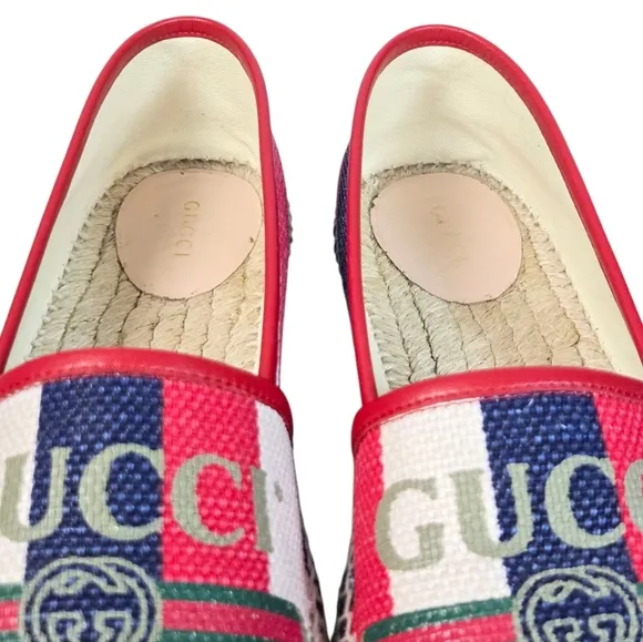 Gucci Sylvie Logo Espadrilles Red Blue Canvas Leather EU 40.5 US 10