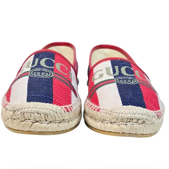 Gucci Sylvie Logo Espadrilles Red Blue Canvas Leather EU 40.5 US 10
