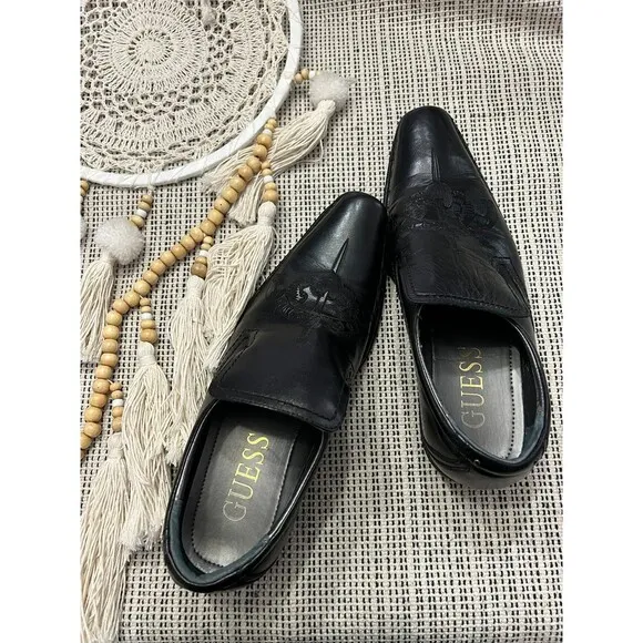 Guess Mgmicky Black Leather Embossed Sword &amp; Wings Western Loafers Size 10M