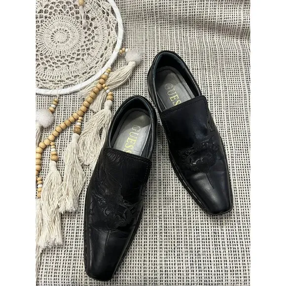Guess Mgmicky Black Leather Embossed Sword &amp; Wings Western Loafers Size 10M