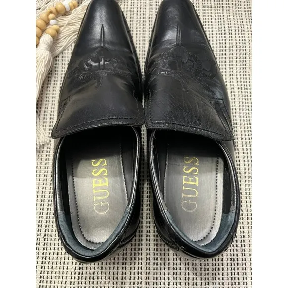 Guess Mgmicky Black Leather Embossed Sword &amp; Wings Western Loafers Size 10M