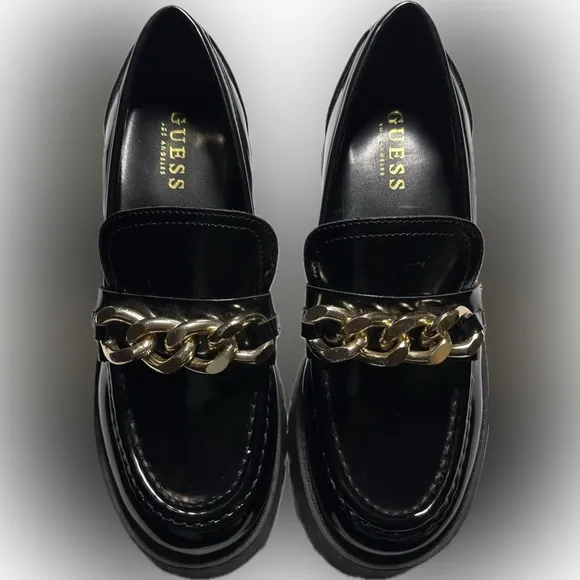 Guess Womens Hillford Chunky Black Patent Leather Gold chain Loafers Sz 7.5