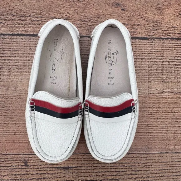 Harmont &amp; Blaine Jr. Toddler Loafers White Leather Red Blue Trim EU 26 US 9.5