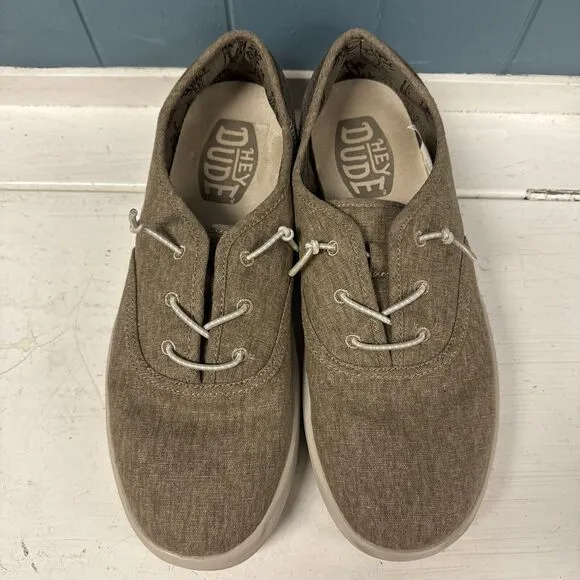Hey Dude Shoes Men’s 9 Conway Craft Tan Linen White Sneakers Slip On Loafer