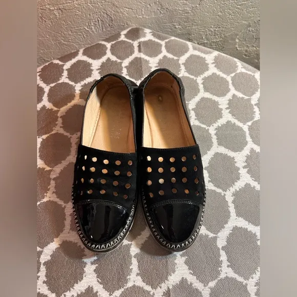 Hispanitas Black Perforated Slip-On Espadrilles made in Spain suede and patent