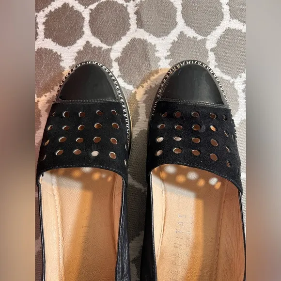 Hispanitas Black Perforated Slip-On Espadrilles made in Spain suede and patent