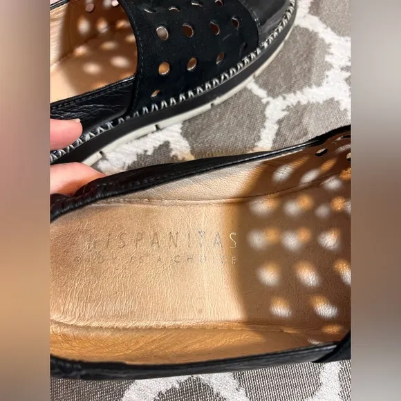 Hispanitas Black Perforated Slip-On Espadrilles made in Spain suede and patent