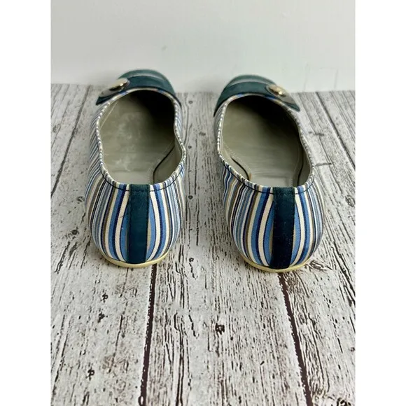 Hogan Women’s Ballet Flats, Size 8, Navy Blue Striped, Silver Hardware, Preppy