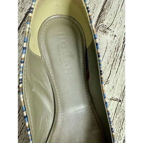 Hogan Women’s Ballet Flats, Size 8, Navy Blue Striped, Silver Hardware, Preppy