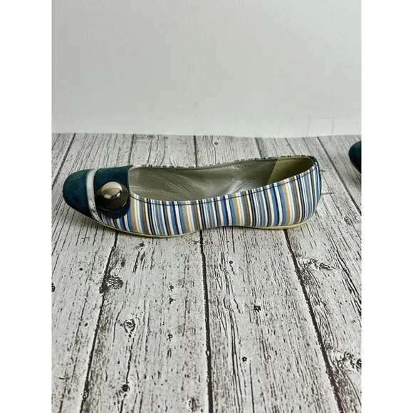 Hogan Women’s Ballet Flats, Size 8, Navy Blue Striped, Silver Hardware, Preppy