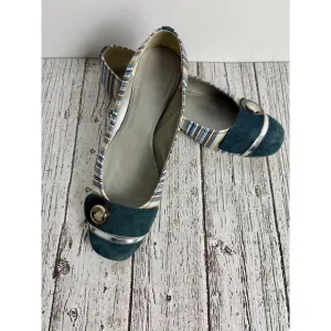 Hogan Women’s Ballet Flats, Size 8, Navy Blue Striped, Silver Hardware, Preppy