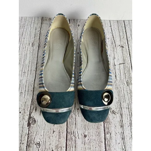 Hogan Women’s Ballet Flats, Size 8, Navy Blue Striped, Silver Hardware, Preppy