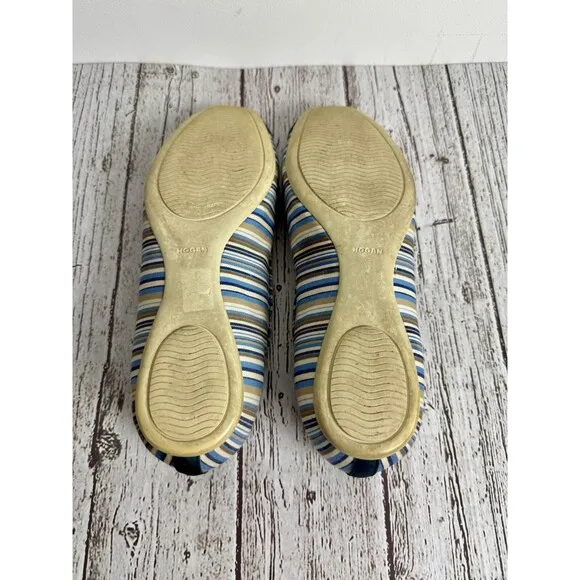 Hogan Women’s Ballet Flats, Size 8, Navy Blue Striped, Silver Hardware, Preppy