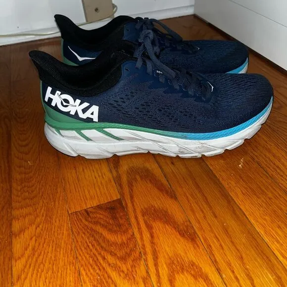 HOKA ONE ONE Clifton 7 Men's Lightweight Lace-Up Sneakers Blue Mesh Size 10